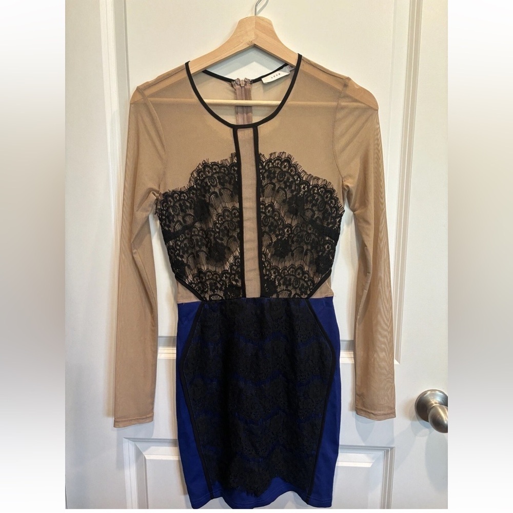 Lush Tan and Black Lace Dress with Blue Skirt